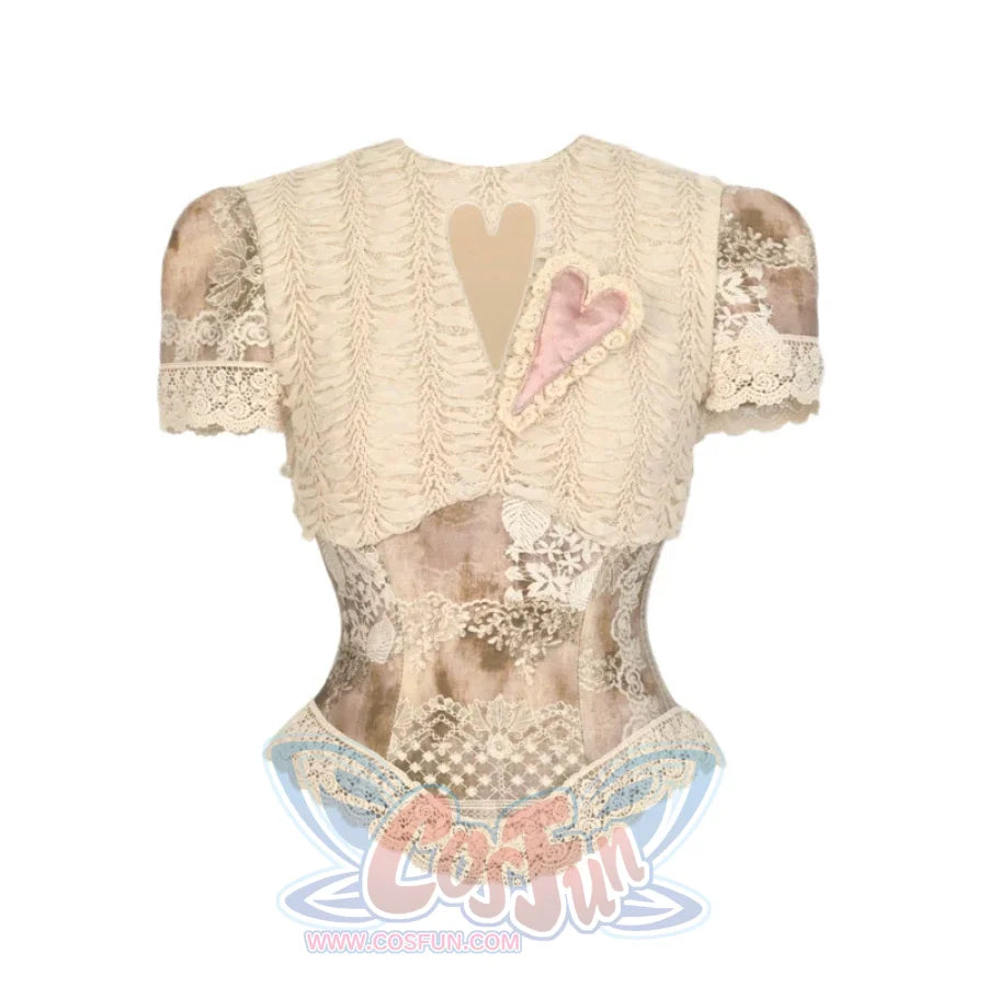 Rococo Duchess Lace Crop Top with Heart Cutout and Crew Neck Heart Cutout Top / XS