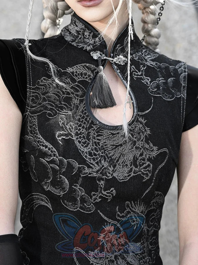 Punk Chinese Style Denim Waist Cheongsam Dress Dress