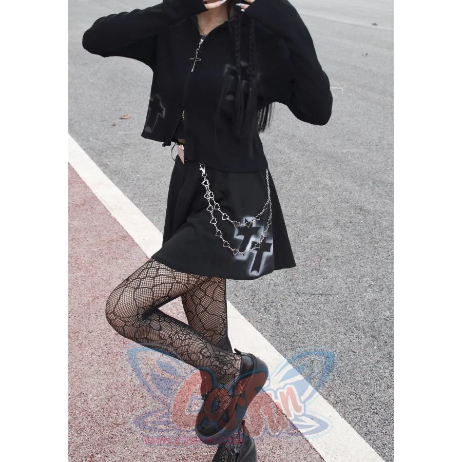 Punk Long Sleeve Figure Cardigan Rock Goth Inkjet Cross Knit Jacket - cosfun