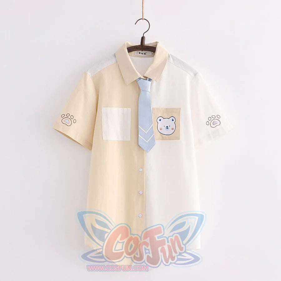 Soft Girl Cute Color Matching Long Sleeve Shirt Beige Short Sleeve / S