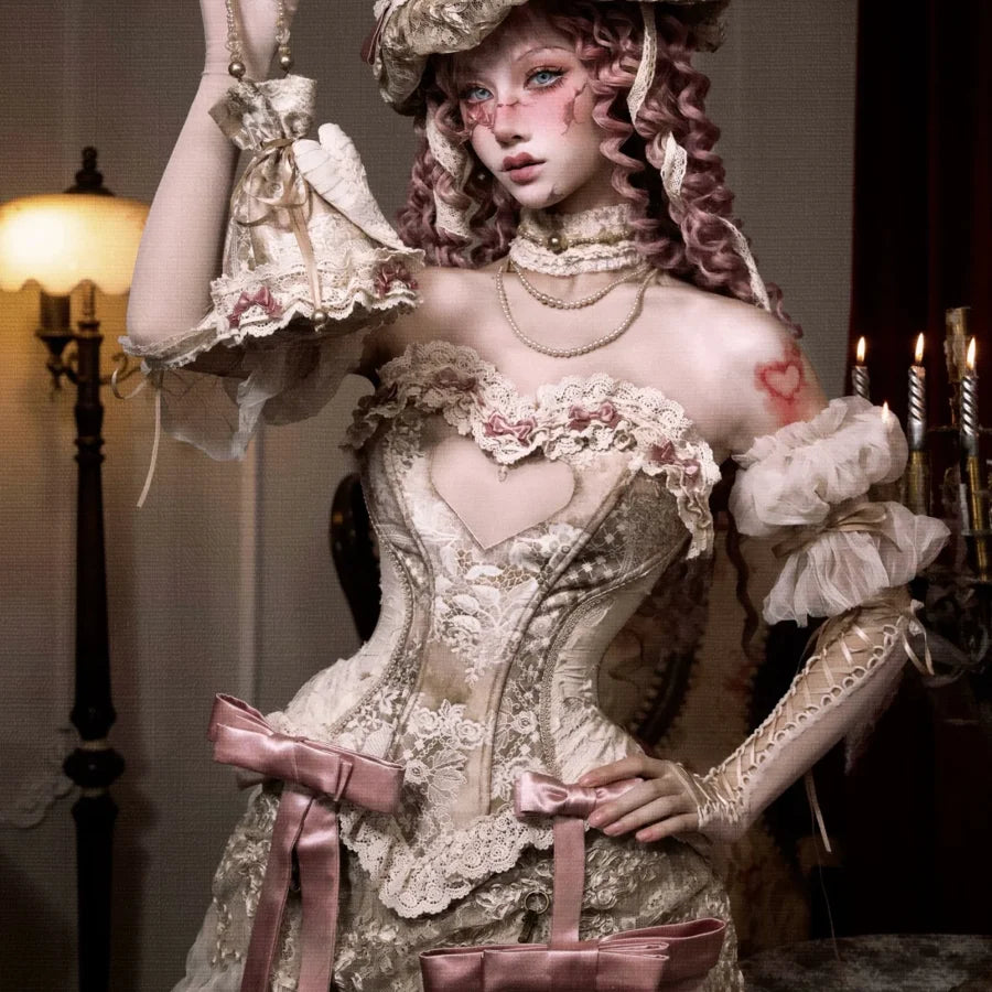 Person in an elaborate vintage-style costume with decorative elements in a dimly lit room.