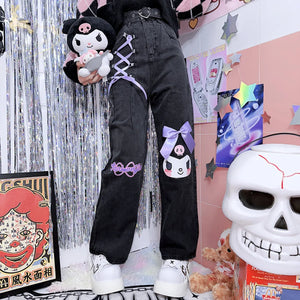 Cartoon Printed Loose Ribbon Bow Denim Trousers S22163 - cosfun