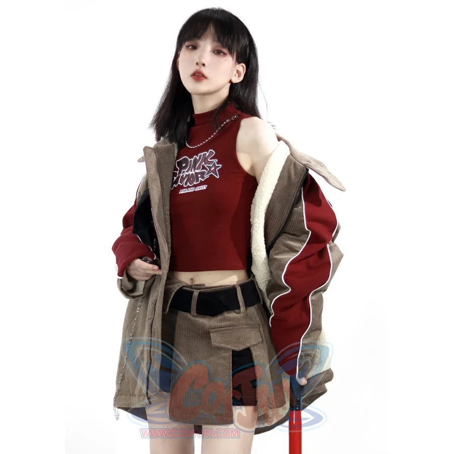 Khaki Striped Velvet Patchwork Slim Skirt Pants Sweater Suit S22429