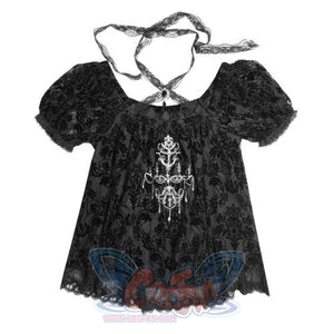 Gothic Dark Embroidered Top Tie Lace Short Sleeve Blouse Black / S