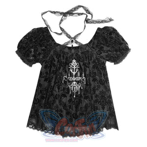 Gothic Dark Embroidered Top Tie Lace Short Sleeve Blouse