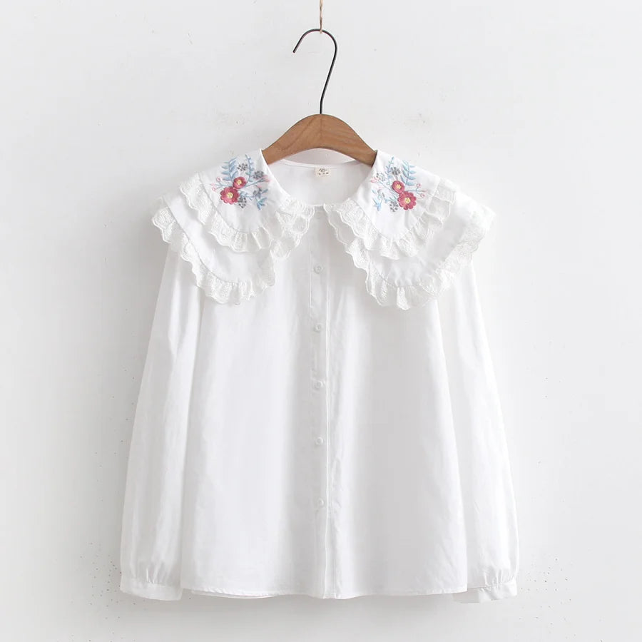 Sweet Embroidery Lace Doll Neck Long Sleeve Shirt White