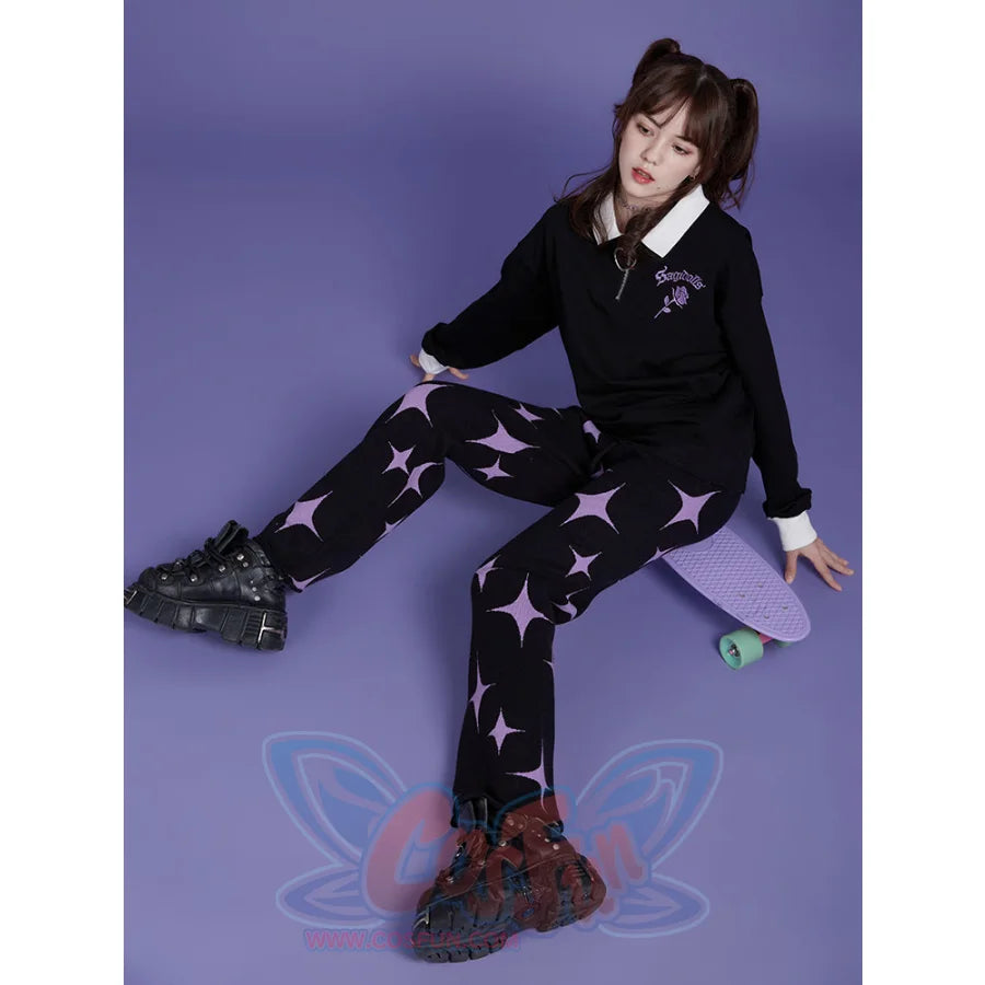 Black And Purple Star Sweet Style Knitted Pants Thick Pants Pants