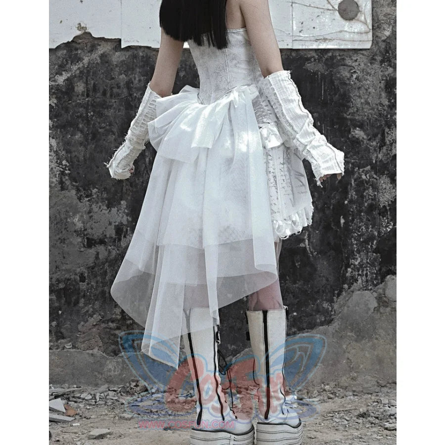 Suede Strappy Punk Trailing Printed Halter Dress - cosfun