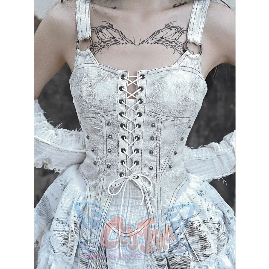 Suede Strappy Punk Trailing Printed Halter Dress - cosfun