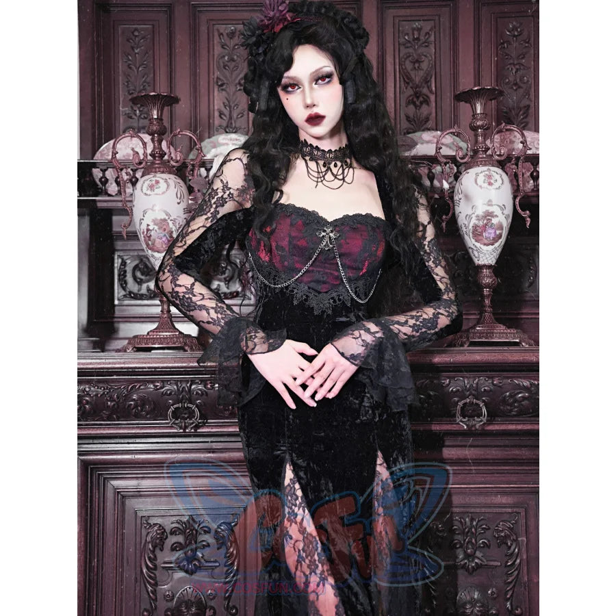 Gothic Crimson Halloween Lace Slim Velvet Fishtail Dress S22337