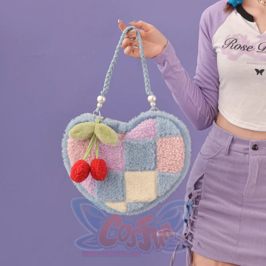 Heart-shaped Cherry Plush Shoulder Bag Light Blue (with short strap)