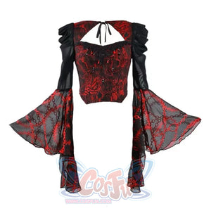 Autumn Gothic Red Black Jacquard Embroidery Lace Top S