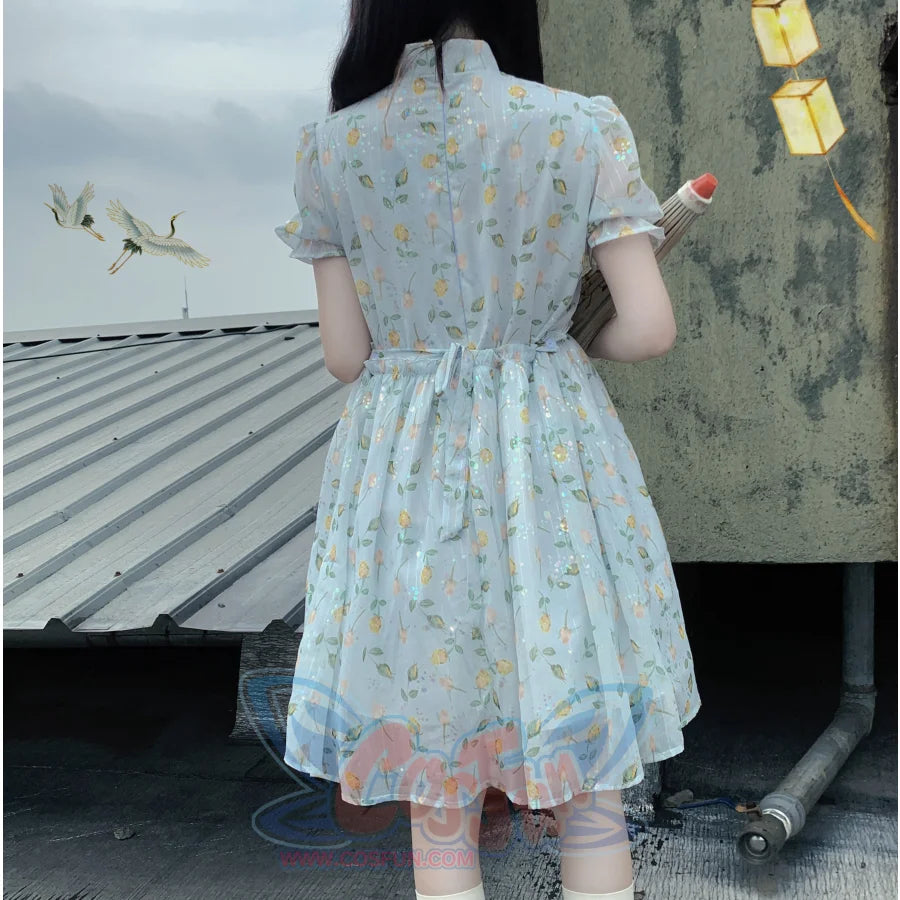 Soft Girl Floral Bubble Sleeve Cute Modified Qipao Dress - cosfun