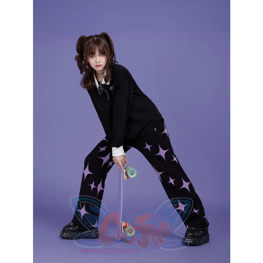 Black And Purple Star Sweet Style Knitted Pants Thick Pants Pants