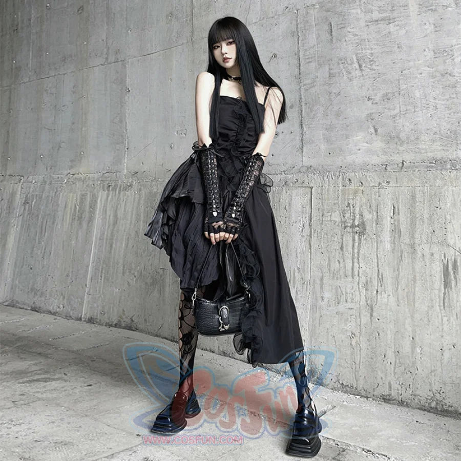 Gothic Irregular Black Sling Dress S22408