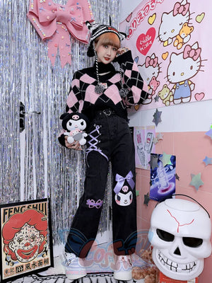 Cartoon Printed Loose Ribbon Bow Denim Trousers S22163 - cosfun