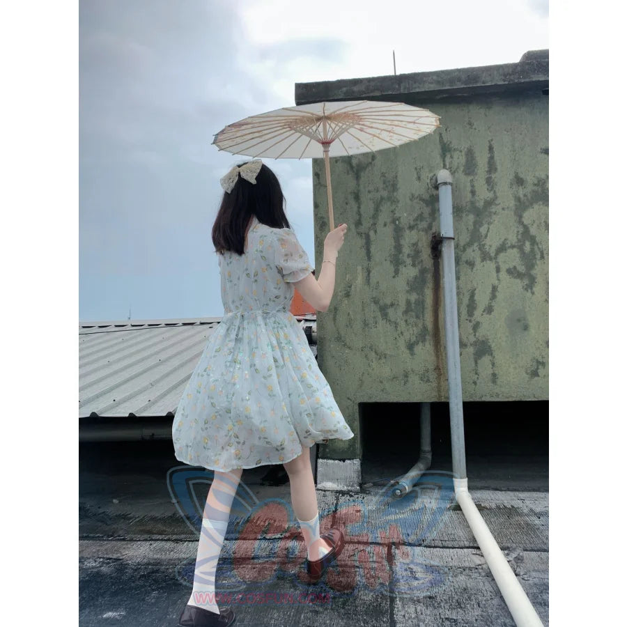 Soft Girl Floral Bubble Sleeve Cute Modified Qipao Dress - cosfun