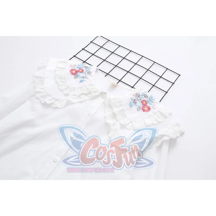 Sweet Embroidery Lace Doll Neck Long Sleeve Shirt White