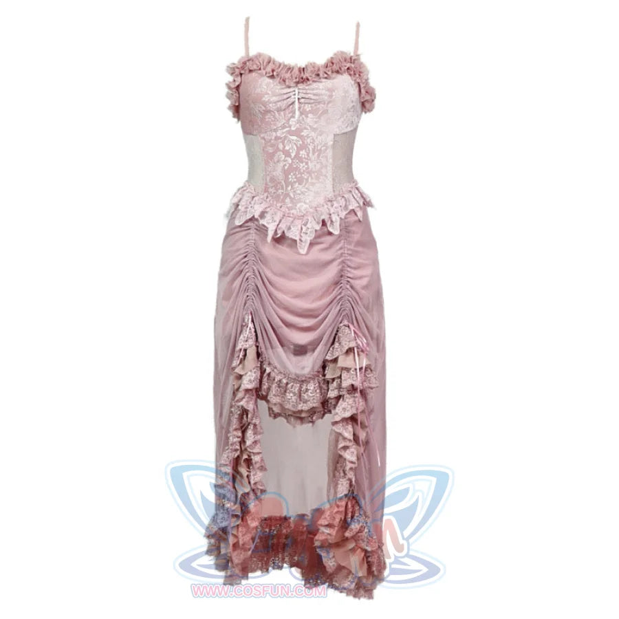 Summer Romantic Gothic Velvet Drawstring Pink Lace Suspender Dress Summer Romantic Gothic Velvet Drawstring Pink Lace Suspender Dress