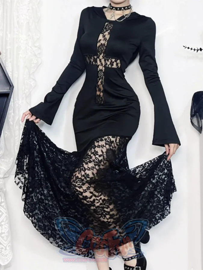 Halloween Scrap Style Lace Black Sexy Long Dress, S Halloween Scrap Style Lace Black Sexy Long Dress, S