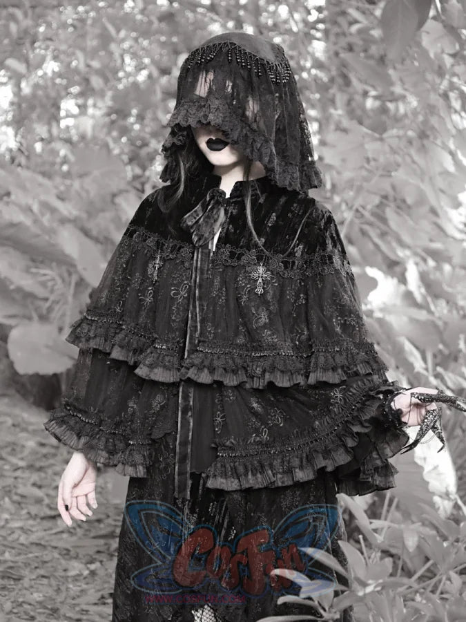 Classic Gothic Lace Dark Velvet Multi-Layered Cloak