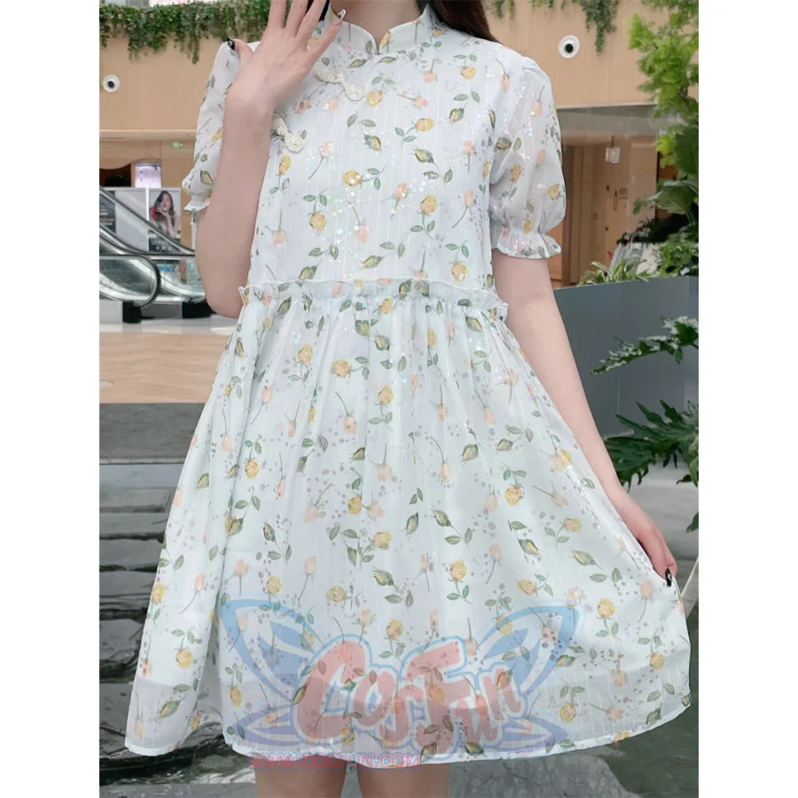 Soft Girl Floral Bubble Sleeve Cute Modified Qipao Dress - cosfun