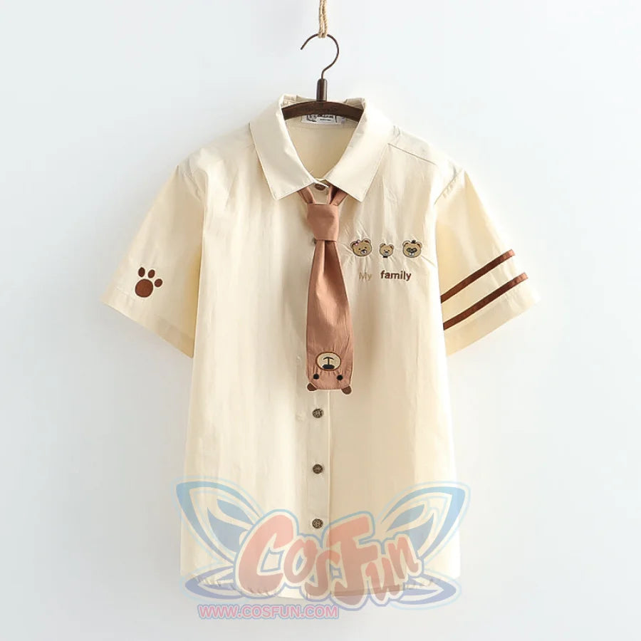 College Style Cute Cartoon Bear Tie Shirt Short Sleeve Shirt / S