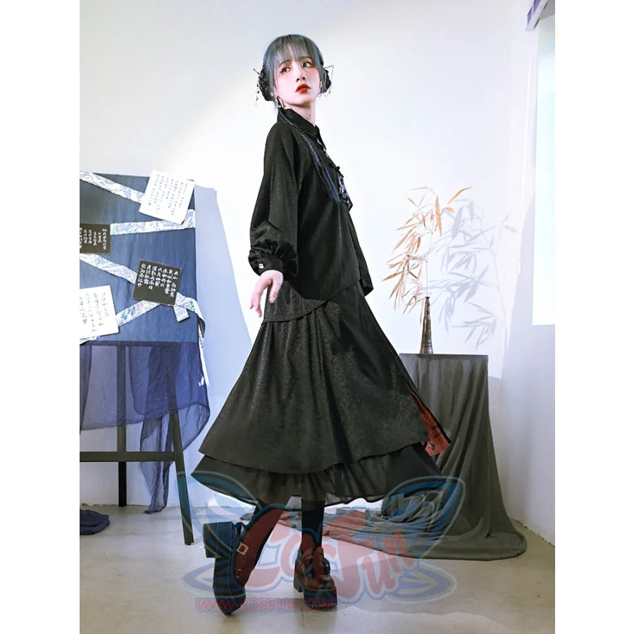 Chinese Style Spliced Printed A-line High Waist Mid Length Skirt