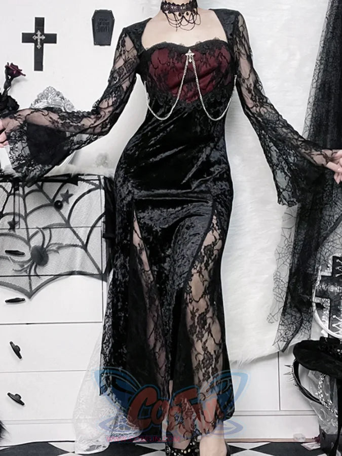 Goth lace long dress Red Black / S Goth lace long dress Red Black / S