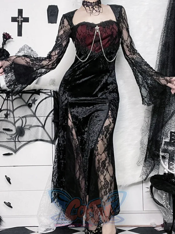 red lace fishtail dress Red Lace Keyhole Back Fishtail Dress