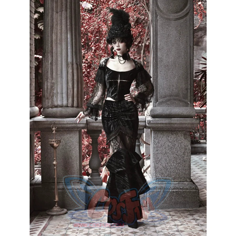 Gothic Velvet Slim Lace Lantern Sleeve Halloween Top - cosfun