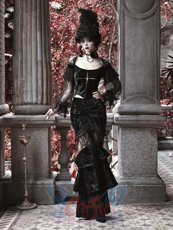Gothic Velvet Slim Lace Lantern Sleeve Halloween Top