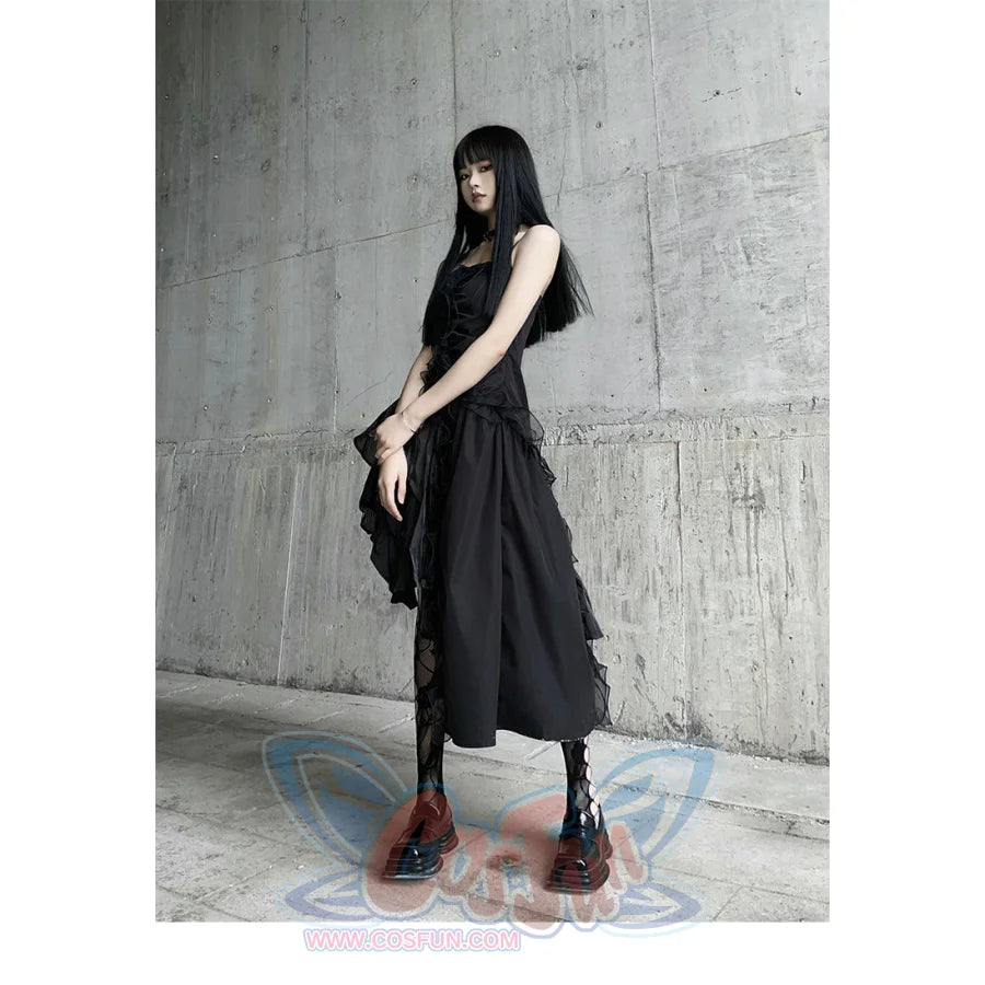 Gothic Irregular Black Sling Dress S22408