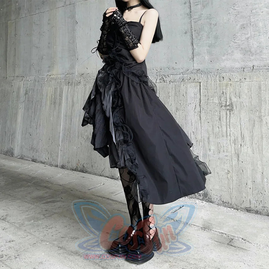 Gothic Irregular Black Sling Dress S22408