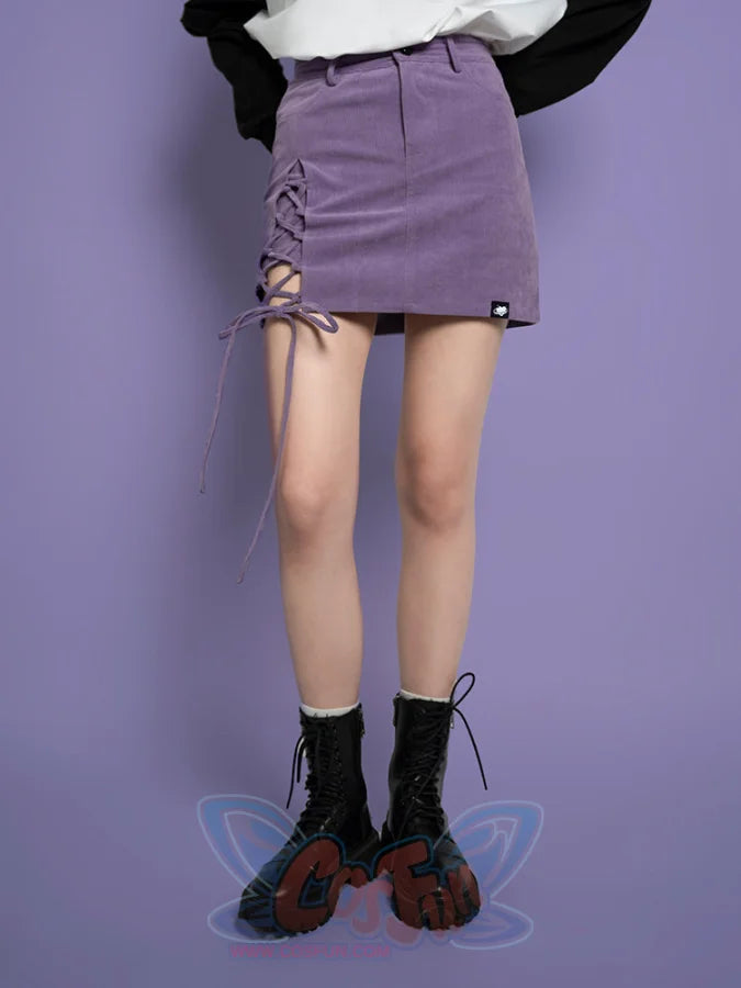 Corduroy Strap Slit A-Line Breech Skirt - cosfun