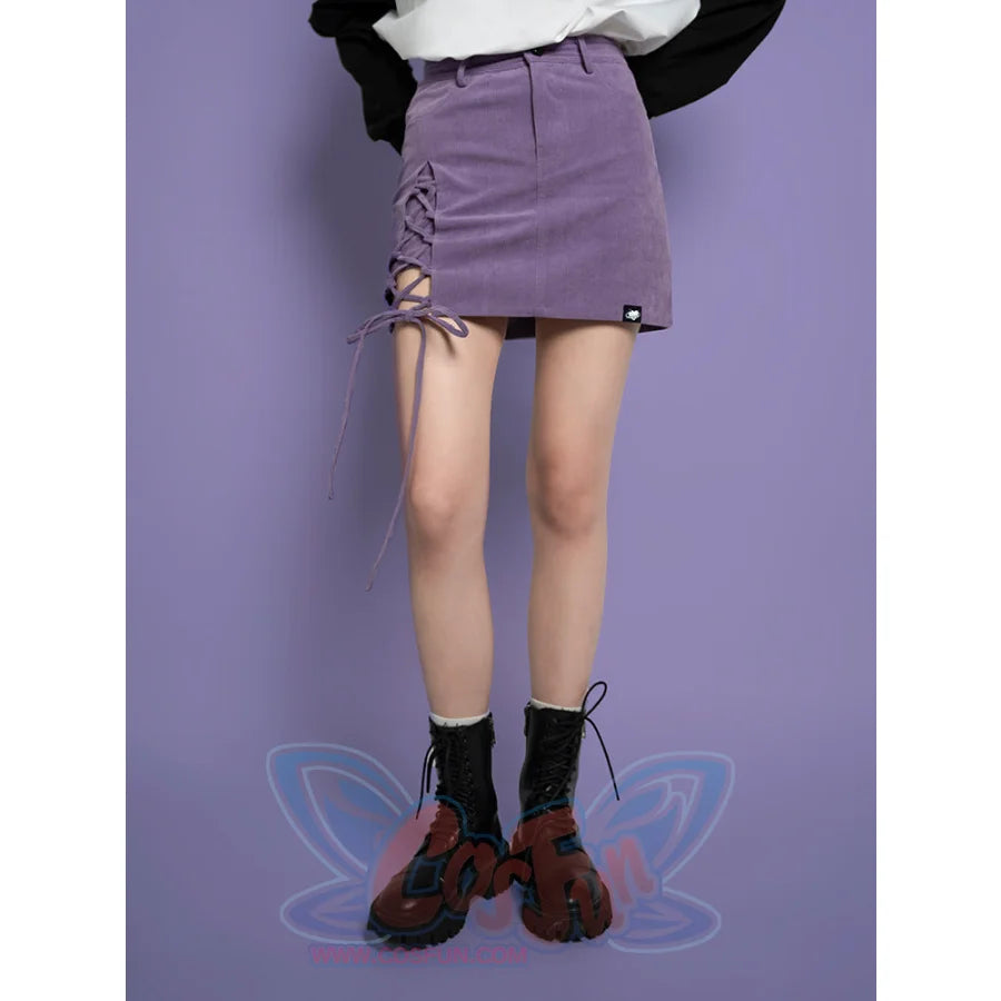 Corduroy Strap Slit A-Line Breech Skirt - cosfun