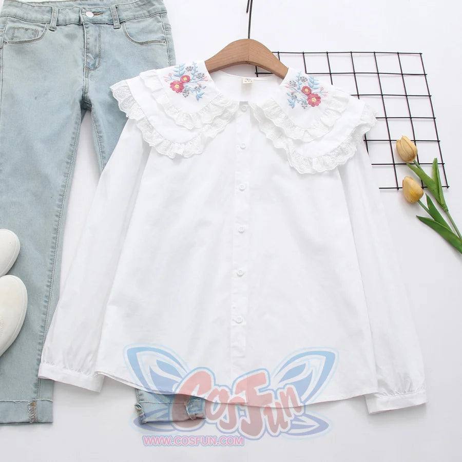 Sweet Embroidery Lace Doll Neck Long Sleeve Shirt White
