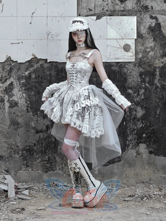 Suede Strappy Punk Trailing Printed Halter Dress - cosfun