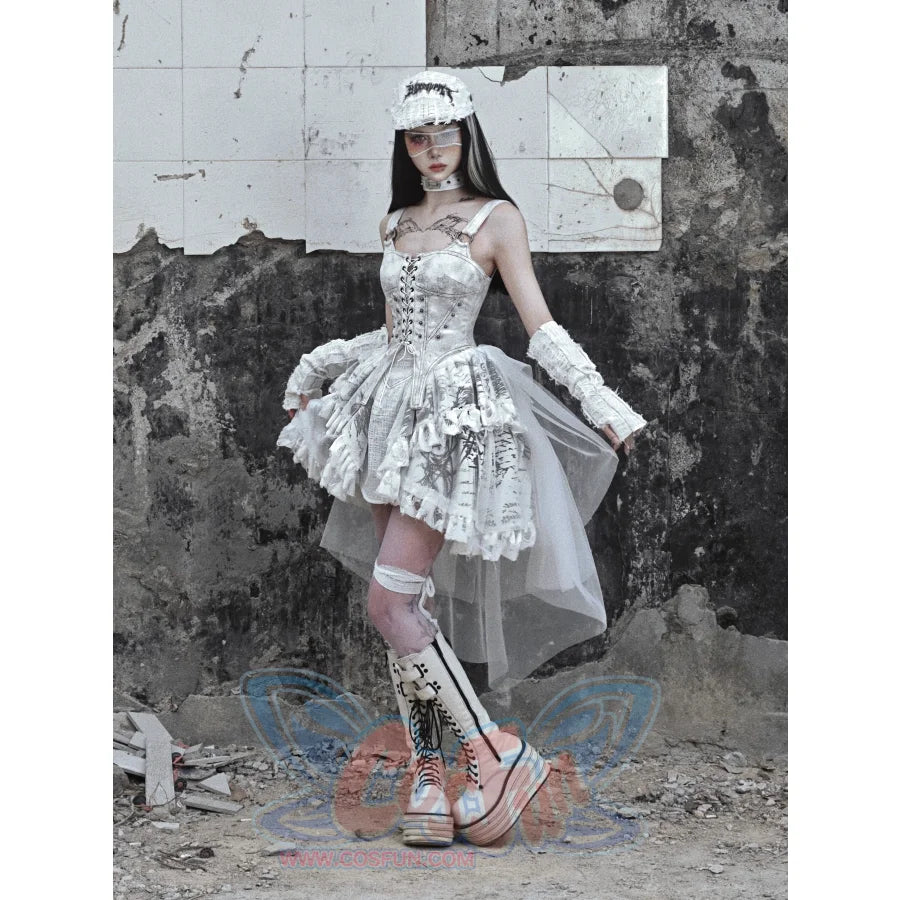 Suede Strappy Punk Trailing Printed Halter Dress - cosfun