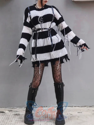 Dark Stripe Hole Knit Punk Street Pullover Round Neck Loose Sweater Girl - cosfun