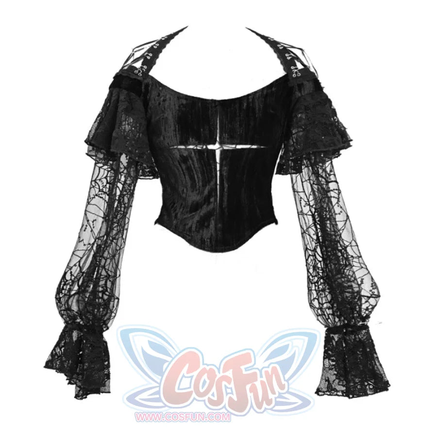 Gothic Velvet Slim Lace Lantern Sleeve Halloween Top S