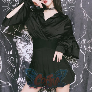 Black Autumn Girl Midriff Crop Top Flare Sleeves Niche Design Restore Shirt S20057 - cosfun