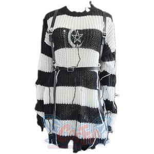 Dark Stripe Hole Knit Punk Street Pullover Round Neck Loose Sweater Girl - cosfun