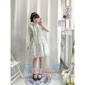 Soft Girl Floral Bubble Sleeve Cute Modified Qipao Dress - cosfun