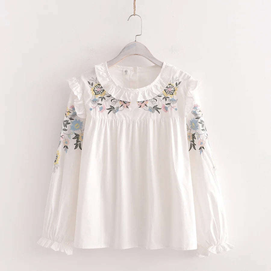 Sweet Lace Collar Floral Embroidery Long Sleeve Shirt Flower / M