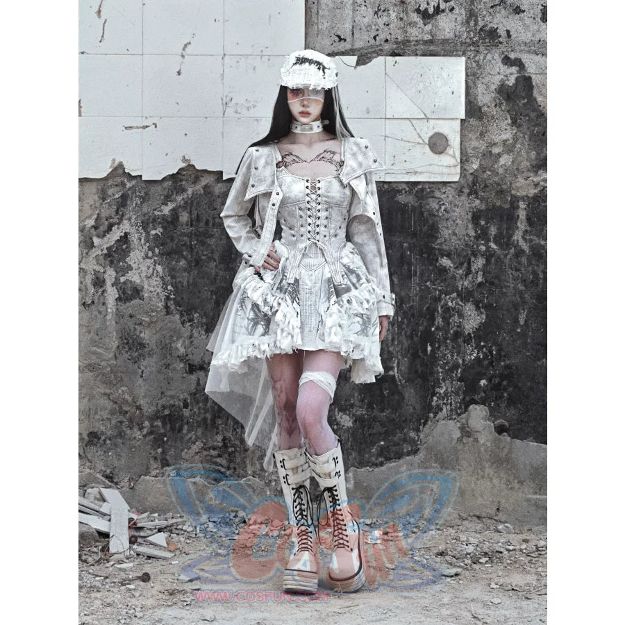 Suede Strappy Punk Trailing Printed Halter Dress - cosfun