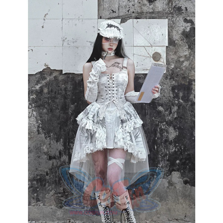 Suede Strappy Punk Trailing Printed Halter Dress - cosfun