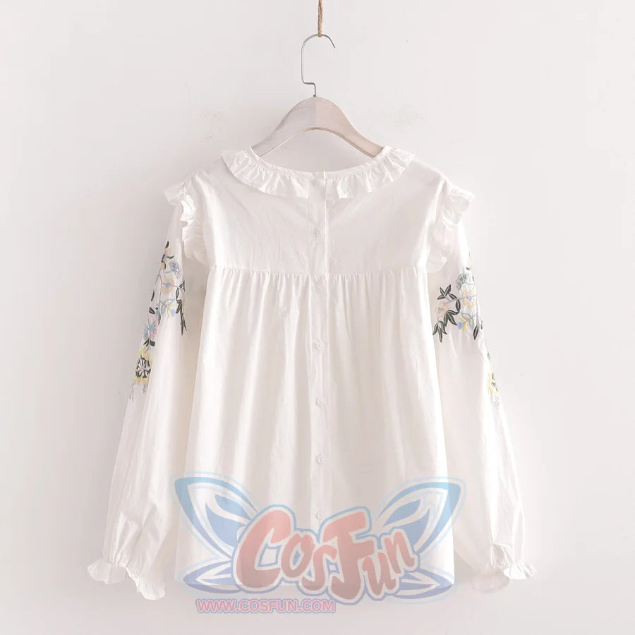 Sweet Lace Collar Floral Embroidery Long Sleeve Shirt