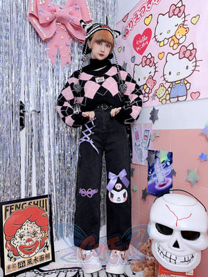 Cartoon Printed Loose Ribbon Bow Denim Trousers S22163 - cosfun