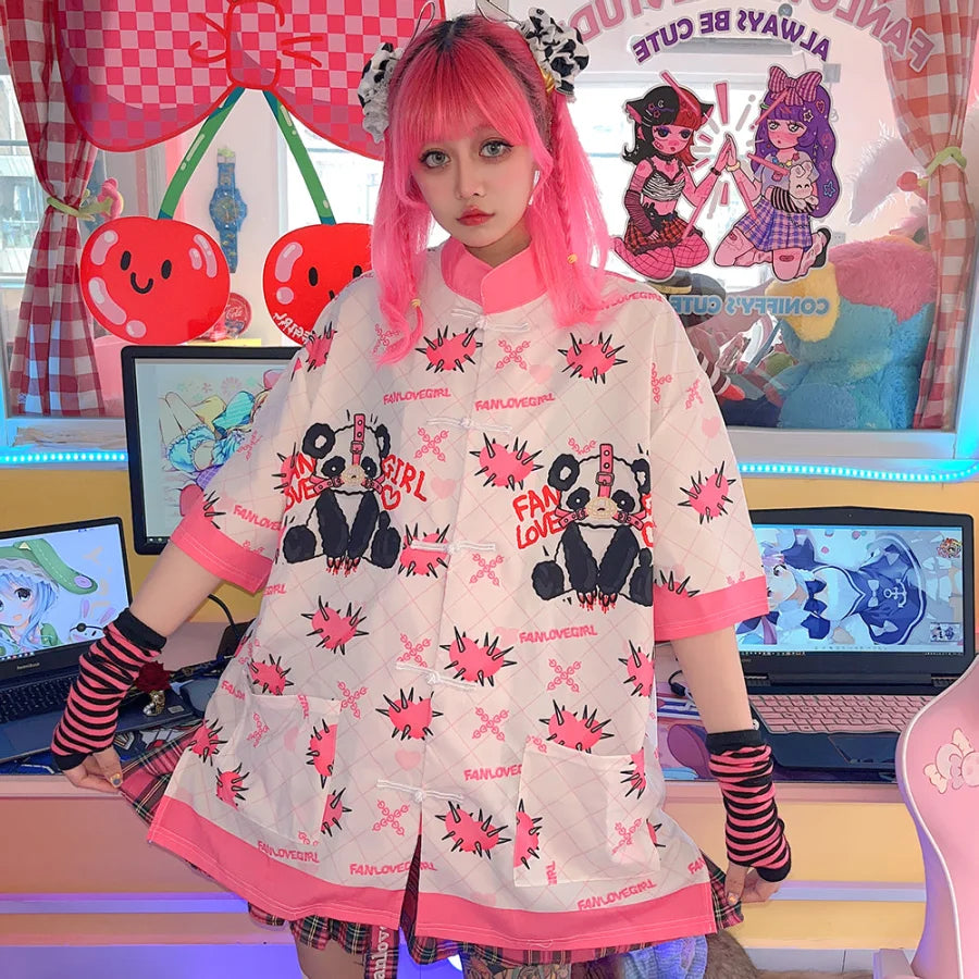 Kawaii Panda Chinese Style Button Shirt White